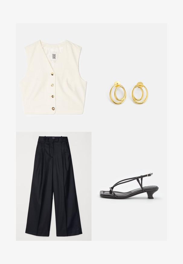 Crème-kleurige mouwloze vest met een textuurstof, V-halslijn en vijf knopen aan de voorkant in contrasterende kleuren. Etiket genaaid aan de binnenkant.; Witte tanktop, geribbelde textuur, ronde halslijn, mouwloos ontwerp, aansluitende vorm, subtiele branding op het label binnenin de kraag.; Zwarte wijde broek van soepel materiaal, met een hoge taille, plooien en een getailleerd ontwerp. Eenvoudige zwarte details bij de taille.; Zwarte leren sandaal met dunne banden, lage blokhak en vierkante neus. Heeft een gespsluiting en een zachte textuur.; Gouden hoepel oorbellen met twee verweven cirkelvormige vormen, gladde afwerking en een stud achtersluiting voor een veilige draagervaring.