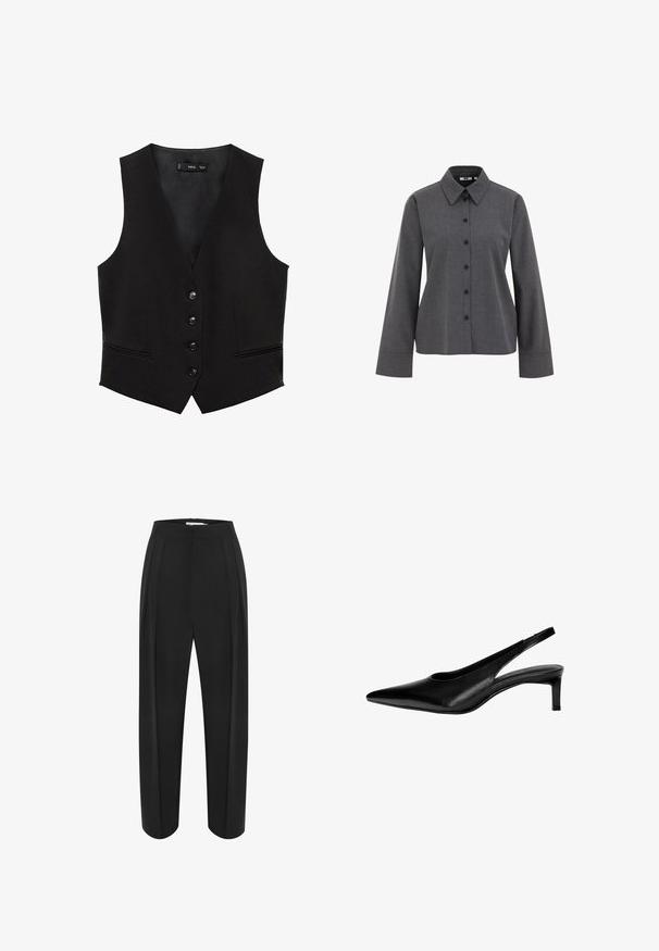 Črna usnjena brezrokavnik s V-izrezom, šestimi gumbi in dvema sprednjima žepoma. Narejena iz gladkega materiala s prilagojenim krojem in brez vzorcev.; WE Fashion Bluza z gumbi - grey; Črne široke hlače z visokim pasom, ki imajo gladko teksturo in dve sprednji pregibi. Oblikovane so s čistimi, skrbno oblikovanimi linijami.; Črne usnjene slingback čevlje s koničastim nosom, nizko peto in izrezljanim dizajnom na straneh. Gladka tekstura z eleganten videzom.