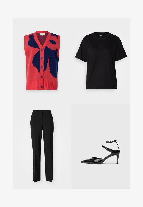Marimekko JAAVA UNIKKO - Waistcoat - blue/red; Black cotton t-shirt with a crew neckline, short sleeves, and an embroidered logo on the chest. Simple, relaxed fit with no patterns.; Black tailored trousers with a straight-leg design, featuring a smooth texture and crisp creases along the front. No visible hardware.; Black patent leather heels with a pointed toe, adjustable ankle straps, and a slender heel. Smooth texture with a shiny finish.