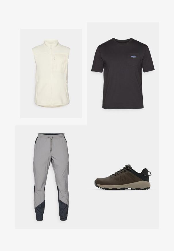 Colete de fleece em off-white, com gola alta, fecho frontal em zíper e um bolso no peito. Dois bolsos laterais com fecho em zíper completam o design.; T-shirt preta de mangas curtas feita de algodão, com um bolso no peito e o logo azul da Patagonia do lado esquerdo.; Calças de treino leves e cinzentas com detalhes pretos. Cintura elástica, fecho com cordão, design de perna afunilada e bolsos laterais.; Ténis impermeáveis castanhos com um upper texturizado, detalhes perfurados, apoio para o calcanhar preto e uma sola de borracha cinza. Os atacadores têm extremidades metálicas.