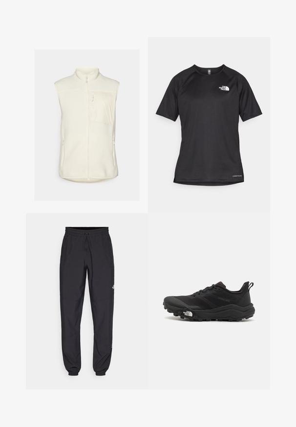 Γιλέκο φλις σε off-white απόχρωση, με ψηλό γιακά, μπροστινό φερμουάρ και μία θήκη στο στήθος. Δύο πλαϊνές τσέπες με φερμουάρ ολοκληρώνουν το σχέδιο.; Μαύρο αθλητικό μπλουζάκι με κοντά μανίκια και υφή, με λευκή λογότυπο στο αριστερό στήθος και ίσια ραφή.; Μαύρη αθλητική παντελόνι κατασκευασμένο από ελαφρύ ύφασμα, με ζώνη που ρυθμίζεται με κορδόνι, πλευρικές τσέπες και στενές μανσέτες στους αστραγάλους.; Μαύρο αθλητικό παπούτσι τρεξίματος με υφασμάτινο άνω μέρος, καουτσούκ σόλα και ενισχυμένη μύτη. Διαθέτει επενδεδυμένο κολάρο και θηλιά στα πίσω για εύκολη φορεσιά.