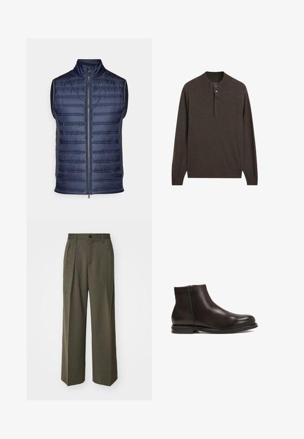 Granatowa kamizelka puchowa z pionowym wzorem pikowania, wysokim kołnierzem, zapięciem na zamek z przodu i eleganckimi szarymi panelami bocznymi. Wykonana z lekkiego materiału.; Brązowy sweter z długim rękawem i wysokim kołnierzem, z trzema guzikami. Wykonany z miękkiego materiału, charakteryzuje się gładką teksturą i ściągaczami przy mankietach.; Filippa K - Spodnie materiałowe; Czarne skórzane botki za kostkę o gładkiej fakturze, zaokrąglonym nosku i niskim obcasie. Posiadają boczny zamek błyskawiczny ułatwiający zakładanie.