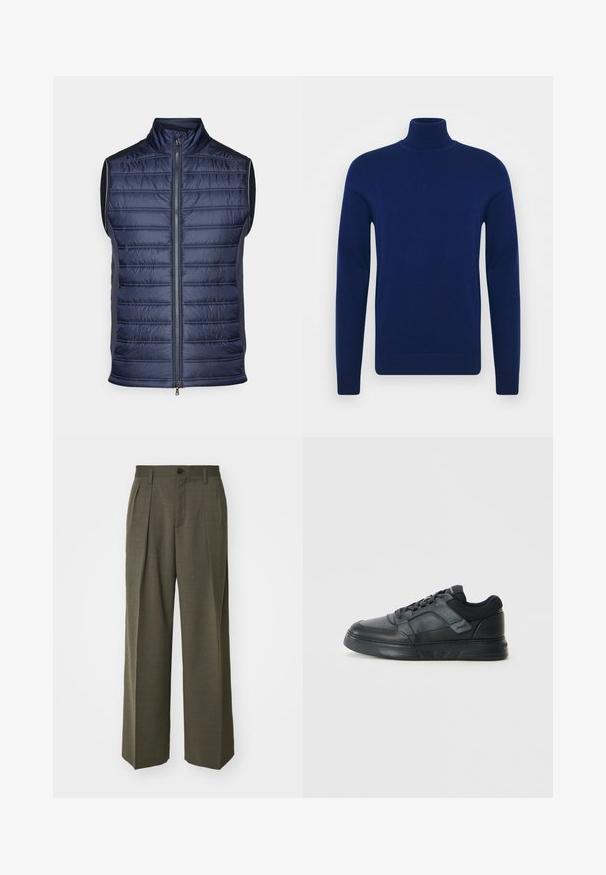Námornícka pufrová vesta s vertikálnym prešívaním, vysokým golierom, predným zipsom a elegantnými sivými bočnými panelmi. Ľahká textília.; Námořnická modrá roláková svetr vyrobený z hladké pleteniny. Dlouhé rukávy a přiléhavý design s žebrovanými akcenty na límci a lemu.; Filippa K WIDE TROUSERS - Nohavice - driftwood; Čierne tenisky s hladkým koženým zvrškom, sieťovinovými akcentmi, perforovanými detailmi a textúrovanou gumovou podrážkou s nízkym profilom.