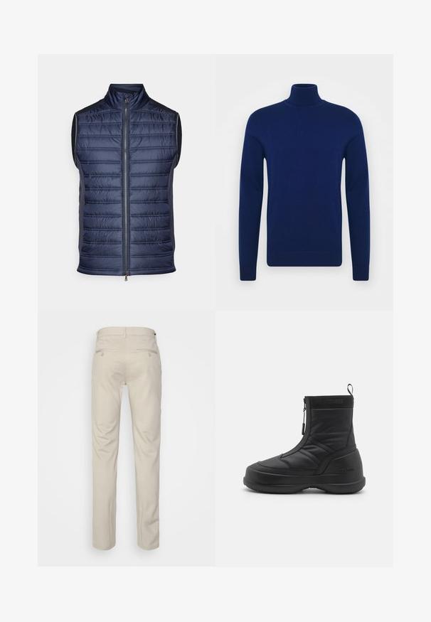 Jūrų karinio jūrų laivyno pūkinis liemenė su vertikaliais siuvinėjimais, aukštu apykaklė, priekinis užtrauktukas ir elegantiški pilki šonai. Lengvas audinys.; Tamsiai mėlynas golfas, pagamintas iš lygaus mezginio audinio. Ilgos rankovės ir prigludęs siluetas su įribuotais akcentais ant apykaklės ir krašto.; Bežinės kelnės su lygia tekstūra, tiesiu pjūviu, dviem užpakalinėmis kišenėmis su sagomis ir standartine juosmena.; Juodas vandeniui atsparus sniego botas su lygiu sintetine viršutine dalimi, užtrauktuku, paminkštintu apvadu ir tekstūruotu guminiu padu. Papuoštas "MOON BOOT" logotipu.