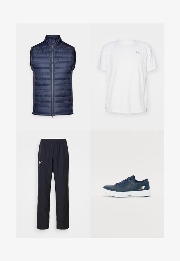 Marineblå puffvest med vertikalt quiltet mønster, høy krage, glidelås foran og slanke grå sidepaneler. Lettvekts stoffkonstruksjon.; Hvit treningstopp med korte ermer laget av glatt stoff. Har rund hals og grått logo på venstre bryst, med sidesplitter i kanten.; Svarte treningbukser laget av syntetisk materiale, med elastisk midje og Under Armour-logo i hvitt på venstre lår.; Marineblå sneakers med glat syntetisk overdel, polstret krave og hvid sål. Har logo på siden og flade snørebånd for sikker pasform.