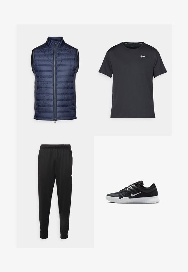 Granatowa kamizelka puchowa z pionowym wzorem pikowania, wysokim kołnierzem, zapięciem na zamek z przodu i eleganckimi szarymi panelami bocznymi. Wykonana z lekkiego materiału.; Czarna koszulka do biegania Nike z lekkiego, oddychającego materiału, z krótkimi rękawami i małym białym logo na piersi.; Czarne sportowe spodnie wykonane z gładkiego materiału, z elastycznym pasem, zwężanymi nogawkami i małym białym logo po lewej stronie.; Czarne buty sportowe z teksturowaną cholewką, białym logo Nike i białą gumową podeszwą. Charakteryzują się sznurowanym zapięciem i dynamicznym kształtem.