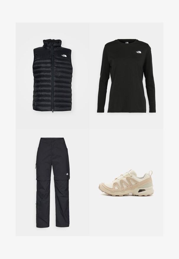 Czarna puchowa kamizelka z wysokim kołnierzem, z zamkiem błyskawicznym z przodu i logo po lewej stronie klatki piersiowej. Wykonana z gładkiego, błyszczącego materiału z poziomym pikowanym wzorem.; Czarna koszulka z długim rękawem z bawełny z okrągłym dekoltem. Posiada niewielkie białe logo po lewej stronie na piersi. Prosty design i fason.; Czarne nylonowe spodnie cargo z odpinanymi nogawkami, regulowanymi mankietami, wieloma kieszeniami oraz logo na prawej nogawce. Gładka, lekka tekstura.; Beżowe i kremowe buty sportowe z teksturowanej siateczki, wspierającymi nakładkami oraz gumową podeszwą z wzorem bieżnika zapewniającym przyczepność.