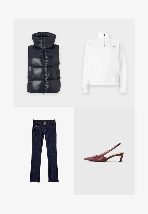 Chaleco de plumas azul marino con collar alto, cierre de cremallera y botones laterales. Presenta un acabado brillante y un diseño acolchado para aislamiento.; Sudadera blanca de cuello alto con cierre de media cremallera. Presenta un pequeño logo negro en el pecho y puños acanalados. Textura suave.; Jeans de denim azul oscuro con un diseño de pierna recta, que presentan un cierre frontal de botón, cinco bolsillos y costuras visibles a lo largo de las costuras.; Zapatos de tacón burgundy con parte trasera descubierta, punta afilada, detalles recortados en los laterales y tacón en bloque de altura media. Acabado en piel suave.