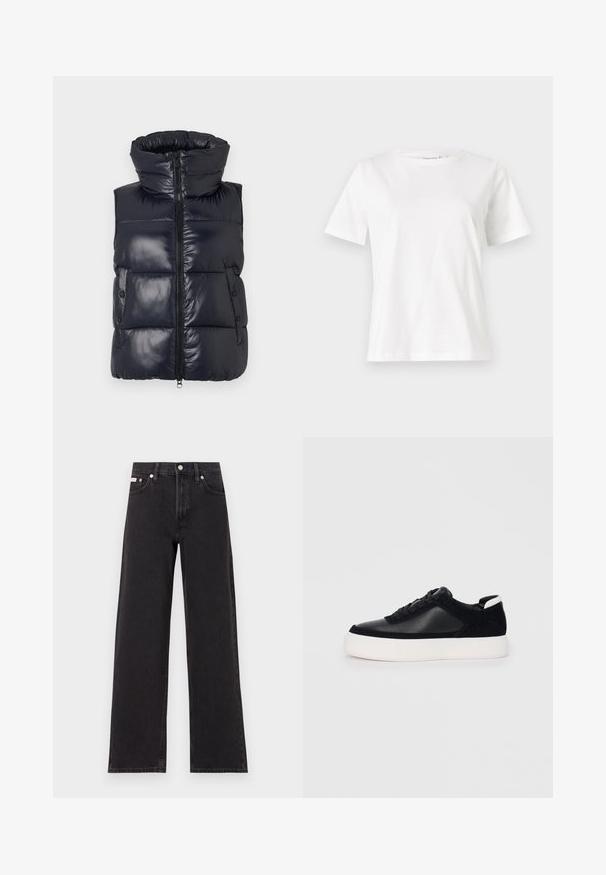 Granatowa kamizelka puchowa z wysokim kołnierzem, zamknięciem na zamek błyskawiczny i bocznymi guzikami. Charakteryzuje się błyszczącym wykończeniem i pikowanym wzorem, zapewniającym izolację.; Biała bawełniana koszulka z krótkim rękawem, okrągłym dekoltem i luźnym krojem. Gładka tekstura, brak wzorów lub dodatków, minimalistyczny design.; Czarne dżinsy o szerokich nogawkach, wykonane z denimu, z wysokim stanem, pięcioma kieszeniami oraz metalowym zapięciem z kontrastowym szwem.; Czarne sneakersy z gładkiej skóry i zamszowymi panelami, płaskimi sznurowadłami, zaokrąglonym noskiem i białą gumową podeszwą. Wyraźne logo na pięcie.