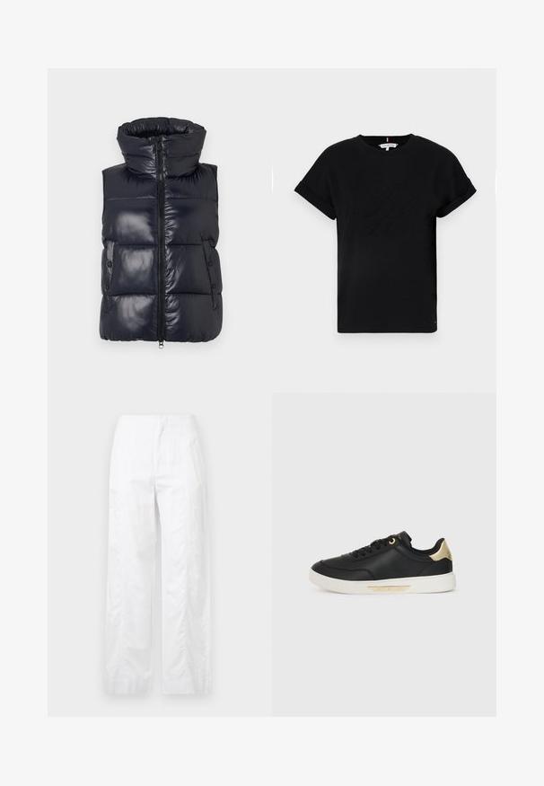 Tumed pufferi vest, millel on kõrge krae, lukuga kinnitatav ja küljel nupud. Omab läikivat viimistlust ja tikitud mustrit isolatsiooniks.; Mustmust särk, millel on rullitud lühikesed varrukad, keskosas on embosseeritud logo ja küljel väike lipu aktsent.; Valged laiad püksid, mis on valmistatud kergetest materjalidest, omades siledat tekstuuri, puhtaid jooni ja kõrget vöökohta.; Must have nahkapäkk, millel on sile tekstuur, valge kummitald, kuldsed aktsendid kanna ja silmade ümber, külgedel logo.