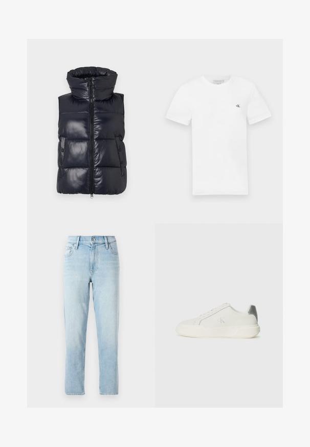 Tummansininen puffer-uutto, jossa on korkea kaulus, vetskari ja sivunapit. Sisältää kiiltävän pinnan ja tikatun muotoilun eristykselle.; Valkoinen puuvillapaitaa lyhyillä hihoilla ja pyöreällä pääntie. Vasemmassa rinnassa pieni musta "ck"-logo. Sileä pinta.; Vaaleansiniset farkut, suora lahjetyyli, keskikorkea vyötärö, viisi taskua ja nappikiinnitys edessä.; Valkoinen nahkakenkä, jossa on sileä pinta, hopeinen yksityiskohta kantapäässä, tasapohja ja minimalistinen muotoilu.