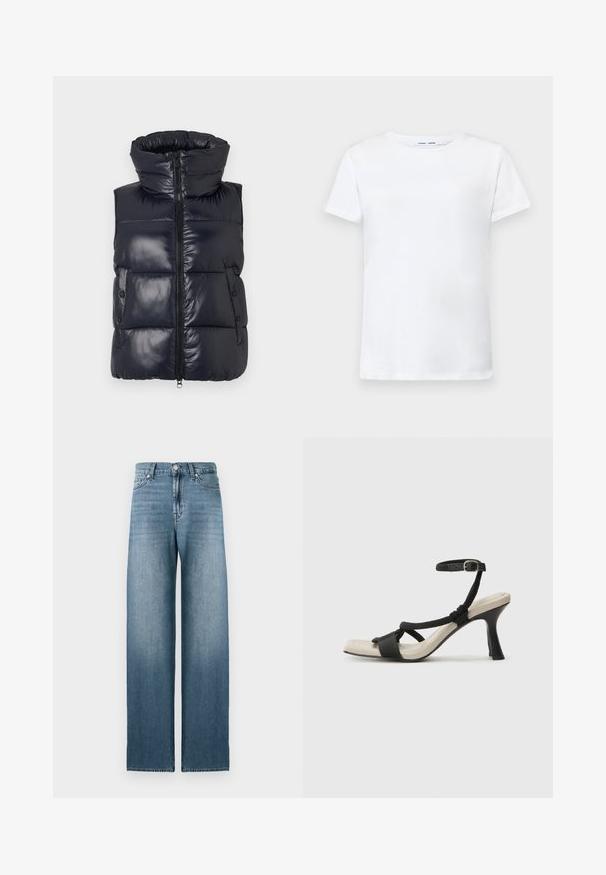 Granatowa kamizelka puchowa z wysokim kołnierzem, zamknięciem na zamek błyskawiczny i bocznymi guzikami. Charakteryzuje się błyszczącym wykończeniem i pikowanym wzorem, zapewniającym izolację.; Biała koszulka z krótkim rękawem, wykonana z bawełny, z okrągłym dekoltem. Gładka tekstura i prosty krój, bez wzorów czy akcentów.; Jasnoniebieskie dżinsy o szerokich nogawkach, wykonane z denimu, z wysokim stanem, pięcioma kieszeniami i subtelnym wyblaknięciem wzdłuż nóg.; Czarne sandały na obcasie z plecionym paskiem, kwadratowym noskiem i regulowanym paskiem na kostkę. Jasnobeżowa wkładka z błyszczącym czarnym obcasem.