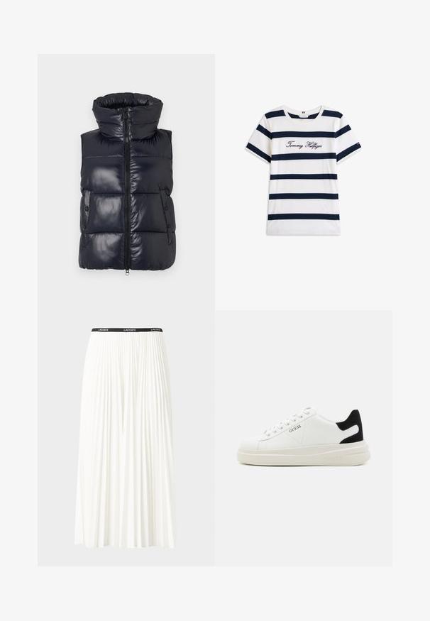 Jūras spēku pufērs ar augstu apkakli, ar rāvējslēdzēja aizdari un sānu pogām. Tam ir spīdīga virsma un kviltēta struktūra siltumizolācijai.; Kokvilnas T-krekls ar horizontālām tumši zilām svītrām uz balta fona. "Tommy Hilfiger" izšūts skriptā uz krūšu daļas. Cauruma apkakle.; Gari plānas baltas svārku ar melnu elastīgu jostu, uz kuras redzams "LACOSTE" logo. Vidēja garuma dizains ar mīkstu tekstūru.; Baltas ādas sporta apavi ar biezu balto zoli, melna zamša uzpura un izspiestais logotips sānos. Šņorējuma dizains ar sešiem acu caurumiem.