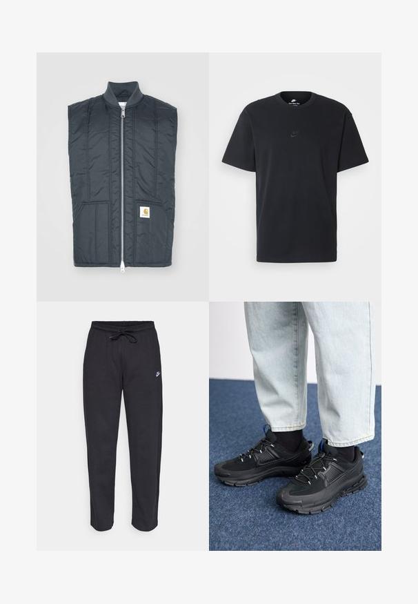 Tumši pelēks bez piedurknēm veste ar pilnu rāvējslēdzēju, divām priekšējām kabatām, horizontālā šuvē un mazu logotipa uzlīmi kreisajā pusē.; Nike melns kokvilnas T-krekls ar klasisku piegriezumu, īsām piedurknēm un smalku, reljefu logotipu uz krūškurvja. Gluda tekstūra.; Melnas sporta bikses, kas izgatavotas no mīksta auduma, ar elastīgu jostu, auklu un mazu Nike logo uz kreisā augšstilba.; Melni sporta apavi ar strukturētu audumu un gumijas zoli, ar elastīgām auklām un zilu akcentu uz papēža. Nēsāti ar gaišām džinsu biksēm.