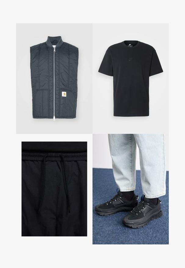 Tumši pelēks bez piedurknēm veste ar pilnu rāvējslēdzēju, divām priekšējām kabatām, horizontālā šuvē un mazu logotipa uzlīmi kreisajā pusē.; Nike melns kokvilnas T-krekls ar klasisku piegriezumu, īsām piedurknēm un smalku, reljefu logotipu uz krūškurvja. Gluda tekstūra.; Melni šorti ar sašūtu jostu, viegls audums ar gludu tekstūru un vienkāršs dizains bez redzamiem logotipiem vai paraugiem.; Melni sporta apavi ar strukturētu audumu un gumijas zoli, ar elastīgām auklām un zilu akcentu uz papēža. Nēsāti ar gaišām džinsu biksēm.