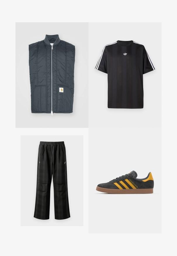 Tamsiai pilkas rankovių neturintis liemenė su užtrauktuku, dviem priekinėmis kišenėmis, horizontaliomis siūlėmis ir maža logotipo etikete kairėje pusėje.; Juodas trumpomis rankovėmis marškinėliai su balta trimis juostelėmis ant pečių ir mažai balta logotipo krūtinėje. Lygus audinio tekstūra.; Juodos languotos kelnės su elastingu juosmeniu, dviem priekinėmis kišenėmis ir laisvu tiesiu kirpimu. Pagamintos iš lengvos medžiagos.; Juodas zomšinės sportbačiai su geltonais akcentais, turintys tris juosteles ir rudą gumos padą. Apima paminkštintą liežuvėlį patogumui.