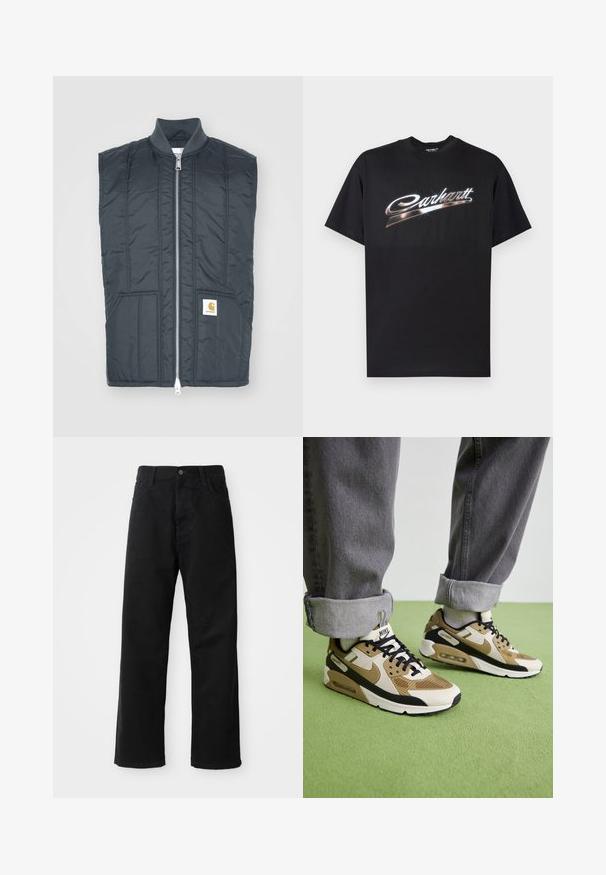 Dark gray sleeveless vest with a full zipper, two front pockets, horizontal stitching, and a small logo patch on the left side.; Black cotton t-shirt featuring a glossy "Carhartt" logo in stylized silver lettering across the chest, short sleeves, and crew neck.; Black denim pants with a straight cut, featuring front pockets, a zip fly, and a single top button. Textured fabric with a matte finish.; Nike Air Max 90 sneakers in beige and black, featuring mesh and leather materials, visible cushioning, and black laces.