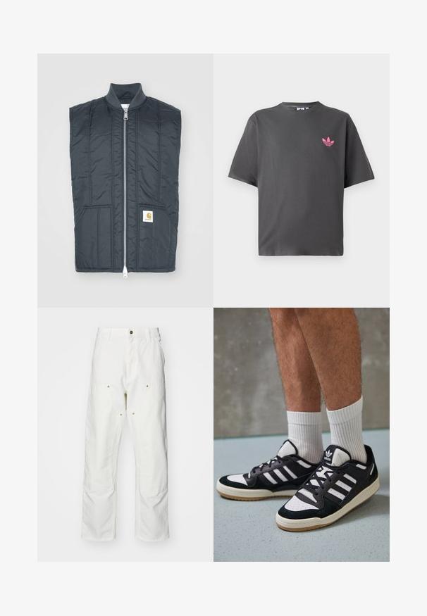 Tamno sivi prsluk bez rukava s punim rajsom, dva prednja džepa, horizontalne šavove i malu oznaku s logom s lijeve strane.; Tamno sivi T-shirt kratkih rukava s malim ružičastim Adidas trefoil logom na lijevoj strani prsnog koša, prikazan na bijeloj pozadini.; Bijele pamučne cargo hlače s opuštenim krojem. Značajke uključuju prednje džepove, zlatne detalje i ojačane dijelove koljena.; Crne i bijele tenisice s gornjim dijelom od antilopa i kože, s tri bijele pruge, perforiranim prstom i gumiranim potplatom.