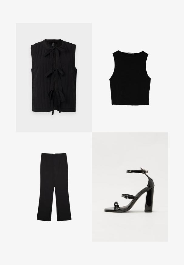Černý top bez rukávů s žebrovanou strukturou, kulatým výstřihem a přední mašlí. Hladká tkanina s přiléhavým střihem.; Černý bezsleeve crop top vyrobený z hladké tkaniny, s kulatým výstřihem a čistým, jednoduchým designem bez vzorů nebo kovových doplňků.; Černé kalhoty s rovným střihem, s předními kapsami a bočními rozparky na lemu. Vyrobené z jemné, hladké tkaniny. Vhodné na různé příležitosti.; Černé lakované sandály na podpatku se čtveratou špičkou, lýtkovými pásky a stříbrnými přezkami. Disponují masivním blokovým podpatkem pro stabilitu.