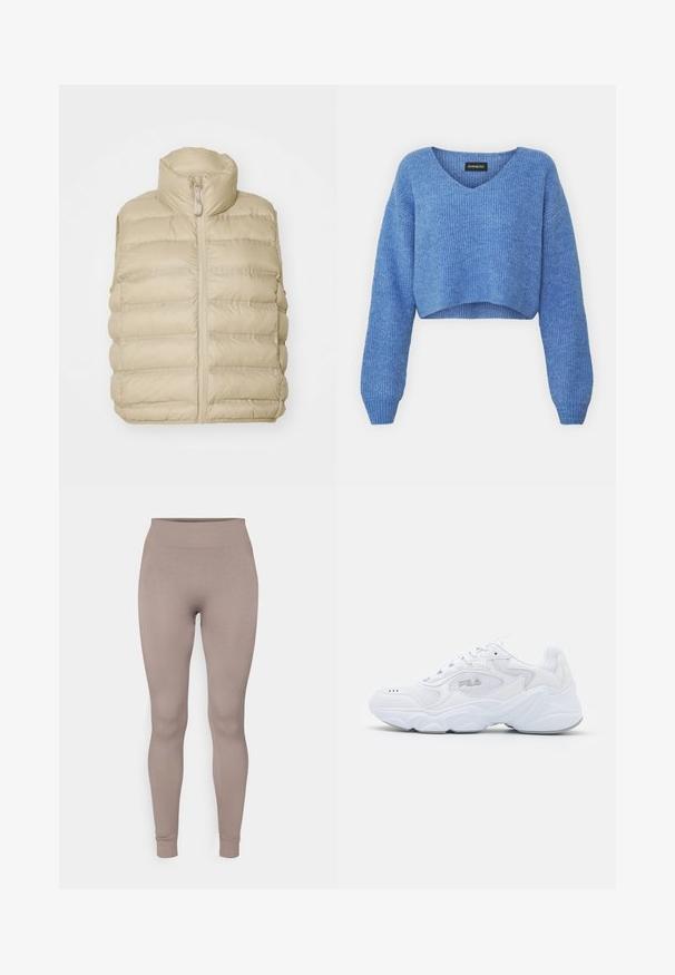 Beige puffervests magas gallérral, elülső cipzárral és vízszintes steppelt mintázattal. Puha, könnyű anyag minimális díszítéssel.; Kék, v-kivágású, rovidített pulóver, bordázott textúrával és hosszú ujjakkal. Puha anyagból készült. Címke: even&odd.; Ráncos leggings puha taupe színben, magas derékkal, karcsú szabással és beszűkült bokákkal. Texturált, rugalmas anyagból készült.; Fehér sportcipő strukturált hálós felső résszel, párnázott bokarésszel és masszív talppal. Oldalán logóval és fűzős záródással rendelkezik.