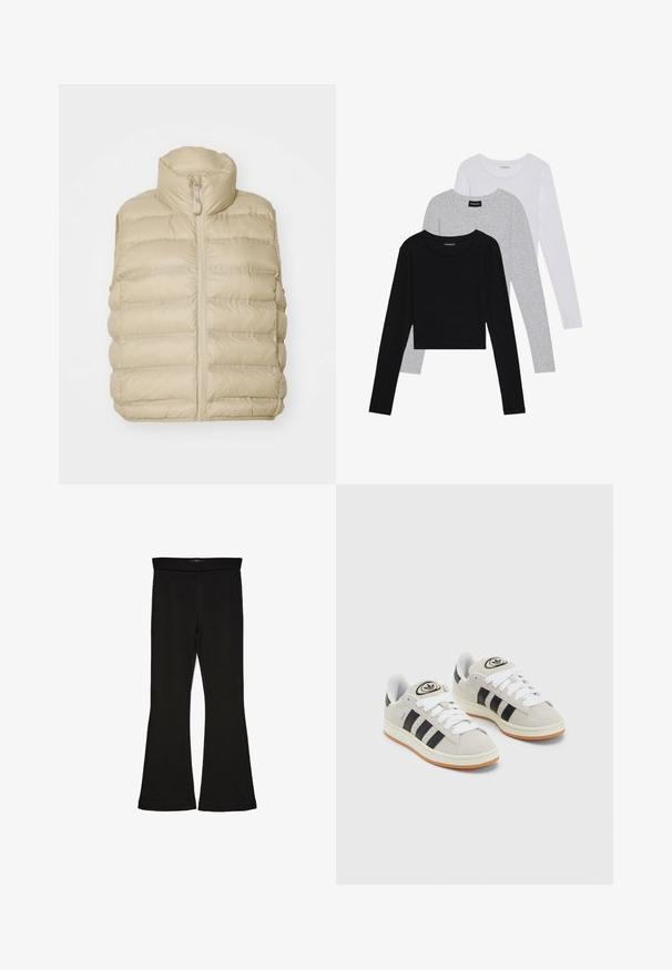 Beige puffervests magas gallérral, elülső cipzárral és vízszintes steppelt mintázattal. Puha, könnyű anyag minimális díszítéssel.; Három hosszú ujjú póló egymásra rakva: fekete, szürke és fehér. Mindegyiknek kerek nyaka van, és rövidített fazonnal rendelkezik, sima, könnyű anyagból készült.; Fekete trapéz leggings rugalmas anyagból készült. Széles derékpánttal és sima textúrával rendelkezik, illeszkedő sziluettje van, amely a szegélyen kigyullad.; Szürke velúr sportcipők fehér fűzővel, fekete csíkokkal és fehér gumitalppal. A nyelvén kör alakú logó található, illetve a talpa színes gumi.