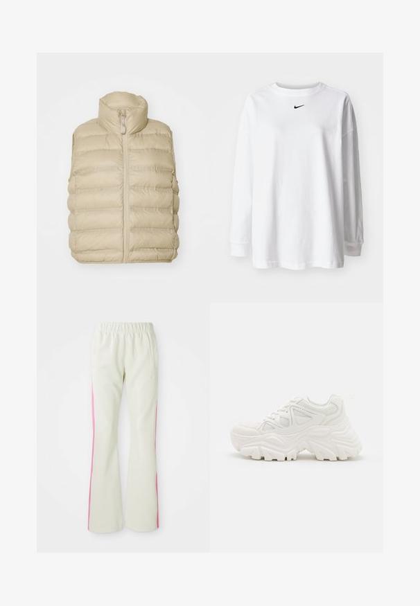 Beige puffer vest with high collar, front zipper, and horizontal quilted pattern. Soft, lightweight fabric with minimal detailing.; White long-sleeve t-shirt made of cotton, featuring a round neckline and a small black Nike logo on the chest. Simple design, relaxed fit.; Light beige pants with an elastic waistband, featuring pink side panels and side pockets. Smooth texture with a straight-leg design.; White chunky sneakers featuring a textured upper, mesh panels, and thick rubber soles with prominent tread pattern. Laces and pull tab included.