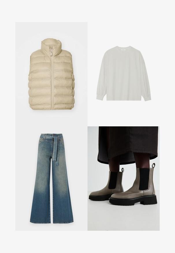 Bežna puhovka brez rokavov z visokim ovratnikom, sprednjim zadrgo in vodoravno šivano strukturo. Mehka, lahka tkanina z minimalnimi podrobnostmi.; Svetlo siva majica s dugim rukavima izrađena od mekog pamuka. Ima slobodan kroj, okrugli izrez i blago nabrane manžetne. Bez uzoraka ili grafike.; Široke jeans hlače z gradientom od svetlo do temno modre, visokim pasom, zankami za pas in pasom iz istega materiala. Tekstura denim končnica.; Sive gležnjarji iz teksturirane usnjene snovi z elastičnimi stranskimi paneli in debelim črnim podplatom. Imajo zanke za enostavno obuvanje.