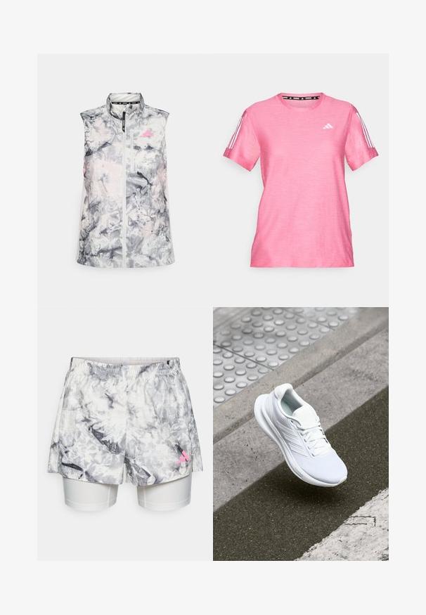 Ärmellose Laufweste in einem grauen und pinken abstrakten Muster, mit einem hohen Kragen, einem Reißverschluss vorne und einer kleinen Brusttasche.; Rosa Kurzarm-T-Shirts aus strukturiertem Stoff. Mit drei weißen Streifen auf jeder Schulter und einem kleinen weißen Logo auf der Brust.; Kurze mit einem grau-weißen abstrakten Muster, ausgestattet mit einem elastischen Bund, Innenfutter und einem pinken Logoakzent an der Seite.; Weiße Sportschuhe mit einem Obermaterial aus Mesh, Schnürdesign und strukturiertem Sohlen. Dezente Branding- und nahtlose Konstruktionsdetails sichtbar.