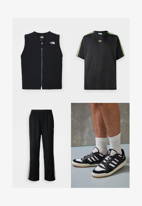 Colete preto sem mangas com fecho frontal, duas bolsas frontais e um logótipo na área do peito esquerdo, feito de um tecido suave.; T-shirt preto feito de tecido liso com decote redondo, apresentando três riscas verdes nos ombros e um pequeno logo verde no peito.; Calças atléticas pretas com um cós elástico, apresentando riscas brancas laterais e um pequeno logótipo. O material parece macio e leve.; Ténis em preto e branco com upper em camurça e couro, apresentando três riscas brancas, um toe perfurado e uma sola em borracha de goma.