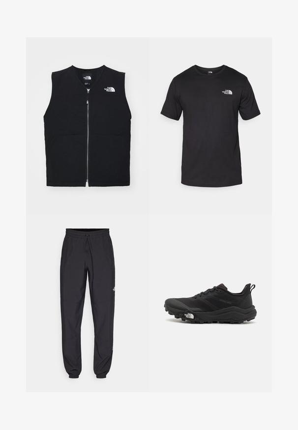 Black sleeveless vest featuring a front zipper, two front pockets, and a logo on the left chest area, made from a smooth fabric.; Black short-sleeve t-shirt made of cotton, featuring a round neckline and a small white logo on the upper left chest area.; Black athletic pants made from lightweight fabric, featuring a drawstring waistband, side pockets, and tapered cuffs at the ankles.; Black trail running shoe with a textured upper, rubber sole, and reinforced toe cap. Features a padded collar and pull tab for easy wear.
