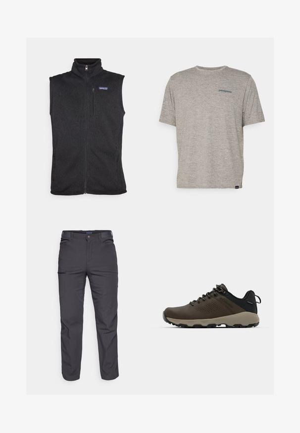 Patagonia BETTER SWEATER VEST - Liemenė - black; Pilkas trumpas rankovės marškinėliai, pagaminti iš minkštos, tekstūruotos medžiagos, ant kairiojo krūtinės puikuojasi mažas mėlynas Patagonia logotipas. Be papildomų raštų.; Tamsiai pilki kelnės, pagamintos iš patvarios medžiagos, su užtrauktuku užsegamu kišeniu, tiesiu kirpimu ir diržo kilpom pritaikytiems dydžiams.; Rudi nepralaidūs sportbačiai su tekstūruota viršutine dalimi, perforuotomis detalėmis, juodu kulno palaikymu ir pilku guminio padu. Šniūreliai yra dekoruoti metaliniais galais.