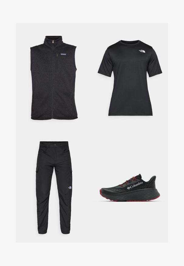 Patagonia BETTER SWEATER VEST - Colete - black; Camiseta preta de manga curta feita de um tecido leve e que absorve a umidade. Apresenta um logo branco no lado esquerdo do peito e um decote redondo.; The North Face HORIZON PANT - Calças para exterior - black; Shoe atlético preto com parte superior texturizada, atacadores vermelhos e logótipo. Sola espessa com padrão para tração. Design minimalista, vista lateral.