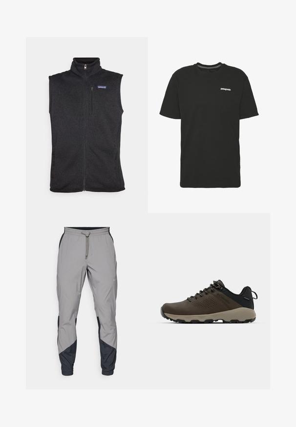 Patagonia BETTER SWEATER VEST - Brezrokavnik - black; Črna bombažna majica s kratkimi rokavi, okroglo izrezom in majhnim belim logotipom "Patagonia" na prsih. Preprost, neokrašen oblikovanje.; Lahki, sivi atletski hlače z črnimi dodatki. Elastika v pasu, zategovalna vrvica, oblikovana noga in stranske žepe.; Rjave vodoodporne superge z teksturiranim zgornjim delom, perforiranimi detajli, črno podporo za peto in sivo gumijasto podlogo. Šnure imajo metalne konice.