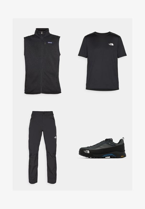 Patagonia BETTER SWEATER VEST - Brezrokavnik - black; Črna kratkosleevena majica iz lahkotnega materiala. Ima majhen bel logo na levem prsnem delu in diskretne poudarke na ramenskem predelu.; Črne zunanje hlače z zadrgo na sprednjem žepu, sintetični material, ožje noge in ojačani paneli na kolenih. Imajo gumbasto zapiranje.; The North Face VERTO ALPINE GORE TEX - Pohodniški čevlji - asphalt grey/tnf black