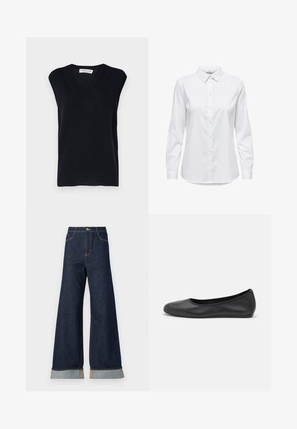 Jūras zils adīts bez piedurknēm džemperis ar V veida kaklu, ar ribotas apakšmalas un rokām. Izgatavots no mīksta materiāla ar gludu tekstūru.; Balta krekla ar garām piedurknēm, strukturētu apkakli un noapaļotu apakšu. Izgatavots no gludas, viendabīgas auduma bez redzamām rakstu vai akcentu detaļām.; Platām kāju tumši denima džinsi ar oranžiem diegiem, ar augstu jostasvietu, divām priekšējām kabatām un apvītām piedurknēm, kas izceļ gaismas zilo kontrastējošo audumu.; Melna ādas baleta kurpe ar noapaļotu purngalu, gludu tekstūru, minimālu šuvju detalizāciju un elastīgu zoles dizainu.