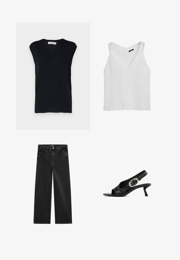 Granatowy dzianinowy bezrękawnik z dekoltem w serek, z prążkowanymi wykończeniami na dole i wokół armhole. Wykonany z miękkiego materiału o gładkiej fakturze.; Massimo Dutti - Top; Szerokie czarne dżinsy z subtelnym wzorem w pionowe paski, z pięcioma kieszeniami oraz klasycznym zapięciem na guzik w talii.; Czarne skórzane buty na obcasie typu slingback z otwartym palcem, z metalowym owalnym zapięciem na pasku oraz smukłym obcasem typu kitten heel. Gładka tekstura.