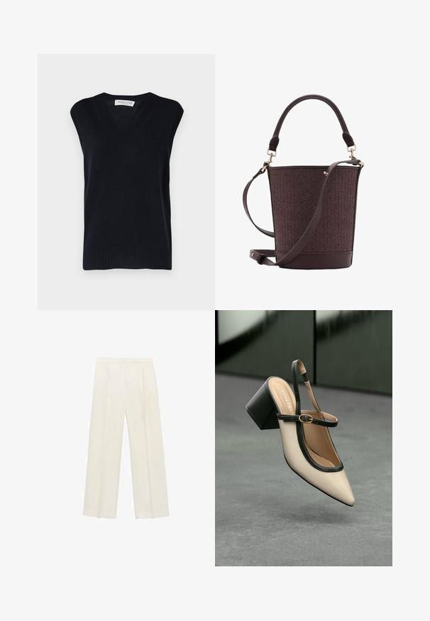 Marinblå stickad ärmlös tröja med v-ringning, med ribbad nederkant och ärmhål. Tillverkad av mjukt material med en slät yta.; Vit blus med en axel design, som har en blomsterdetalj på ena sidan och en lång, knuten panel vid midjan. Slät textur.; Breda byxor i en ljus krämfärg. Tillverkade av ett mjukt tyg med veck fram och sidofickor.; Beige spetstoppad slingback-sko med svart kant, guldspänne och en kraftig blockklack på grått golv med mörkgrön bakgrund.; Brun flätad hinkväska med en slät läderbotten, ett handtag upptill och en justerbar axelrem. Har detaljer i guldtonad metall.