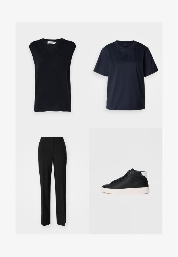 Navy knitted sleeveless sweater with a v-neckline, featuring ribbed hem and armholes. Made from soft material with a smooth texture.; Navy blue short-sleeve t-shirt made of soft cotton. Features a rounded neckline and a subtle embroidered logo on the chest.; Black tailored trousers with a straight-leg design, featuring a smooth texture and crisp creases along the front. No visible hardware.; Black high-top sneaker made of smooth leather with white rubber sole, featuring round laces, a padded collar, and a contrasting heel accent.