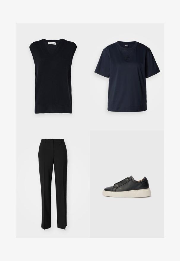 Marineblauwe gebreide mouwloze trui met een v-hals, voorzien van een geribde zoom en armsgaten. Gemaakt van zacht materiaal met een gladde textuur.; Marineblauw T-shirt met korte mouwen van zachte katoen. Heeft een ronde halslijn en een subtiele geborduurde logo op de borst.; Zwarte op maat gemaakte broek met een recht model, voorzien van een soepele textuur en scherpe plooien aan de voorkant. Geen zichtbare hardware.; Zwarte low-top leren sneaker met witte dikke zool, vetersluiting en minimale stikdetails op een effen lichte achtergrond.