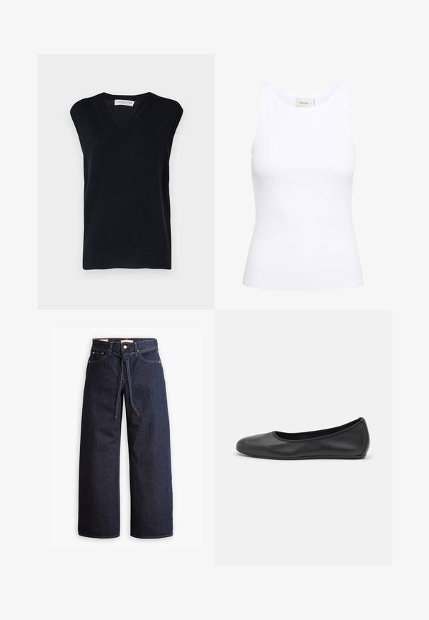 Modra pletena brezrokavnik s sistemom V-izreza, z rebrastim robom in armhole-ji. Narejena iz mehkega materiala z gladko teksturo.; Bela rebrasta majica brez rokavov z okroglo ovratnikom. Raztegljiv material in prilegajoča zasnova. Oznaka na hrbtni strani pravi "GESTUZ."; Široke temno modre kavbojke z visokim pasom, ki imajo vrvico za zavezovanje, pet žepov in kontrastne šive.; Črne usnjene balerinke z zaobljenim nosom, gladko teksturo, minimalnimi šivi in fleksibilno zasnovo podplata.