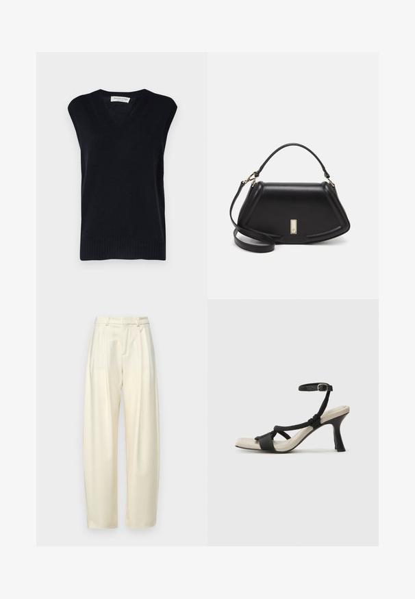 Tamno plavi pleteni bez rukava sa V izrezom, s rebrastim rubovima i otvorima za ruke. Izrađen od mekane tkanine s glatkom teksturom.; Crna pamučna majica s okruglim izrezom, kratkim rukavima i izvezenim logotipom na prsima. Jednostavan, opušten kroj bez uzorka.; Nabrane, hlače visokog struka od svijetle kreme tkanine. Imaju ravni kroj i glatku teksturu. Bez džepova ili vidljivih metalnih dijelova.; Crne sandale na visokom potpetici s dizajnom pletenih trakica, kvadratnim vrhom i podešivom trakicom oko gležnja. Svijetlosmeđi ulošci s sjajnim crnim potpeticama.; Crna kožna torba s strukturiranim dizajnom, s krojenim oblikom, gornjom drškom i zlatnim detaljima. Uključena je podesiva ramena traka.