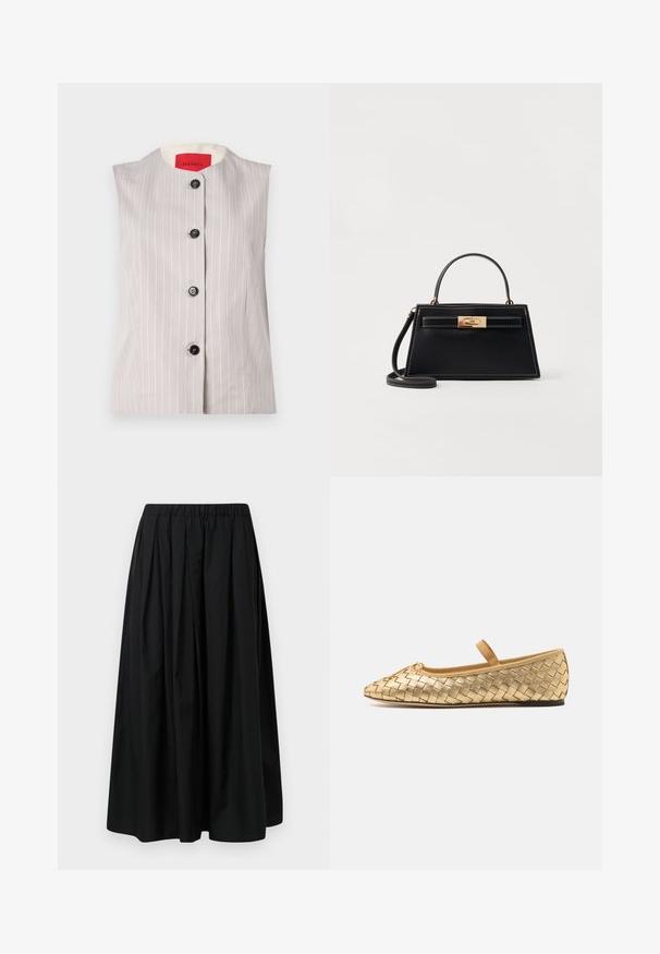 Grå ærmeløs vest med hvide striber, rund halsudskæring og fem sorte knapper foran; har en cremet indvendig foring.; Hvid langærmet skjorte med en tætsiddende design. Har en stor krave, frontlukning med brune knapper og et lille broderet logo.; Sort plisseret nederdel lavet af letvægtsstof med elastisk talje. Gulvlængde med en glat tekstur og minimalistisk design.; Loeffler Randall LEONIE SOFT BALLET FLAT - Ballerinasko m/ rem - gold; Sort læderhandtaske med en struktureret trapezform, guldfarvet spænde og kontrastfarvet hvid syning. Inkluderer et kort håndtag og en lang rem.; Guldkæde med en snoet design og en rektangulær lås med indgraverede detaljer. Glat tekstur, minimalistisk stil.