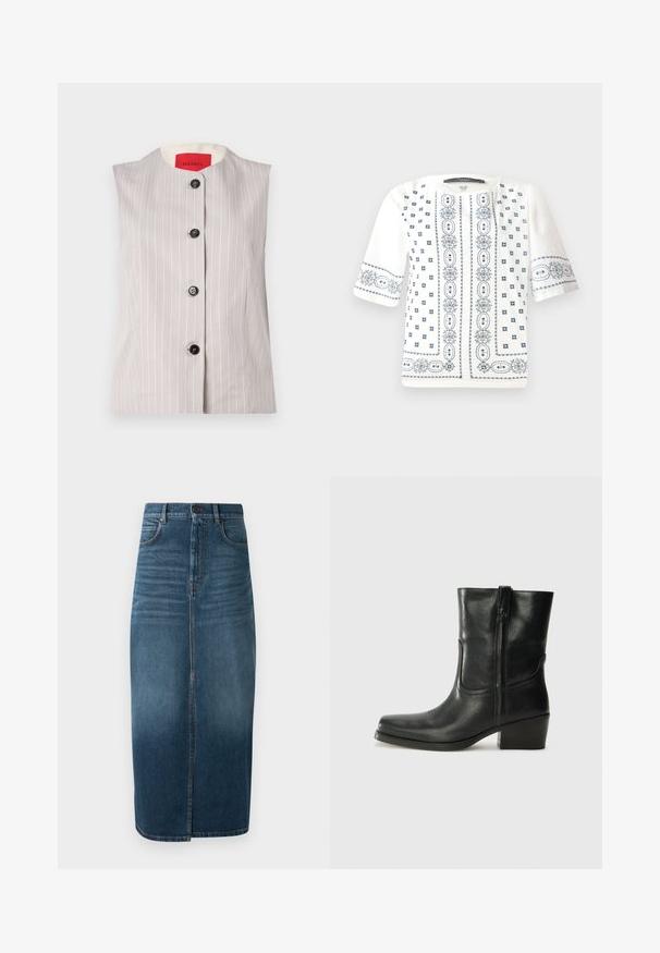 Mouwloos grijs vest met witte streepjes, ronde halslijn en vijf zwarte knopen aan de voorkant; heeft een crèmewitte binnenvoering.; Witte blouse met korte mouwen, versierd met blauwe bloemenborduursels, een ronde halslijn en complexe patronen langs de voorkant en mouwen.; Denim midi-rok in donker indigo, met een voorkeursplit en een lichte vervaging. Klassiek vijf-pocket ontwerp met metalen knoopsluiting.; Zwarte leren enkellaars met een ronde neus, blokhak, zijrits en stikselaccenten op de wreef. Gladde textuur, klassiek ontwerp.