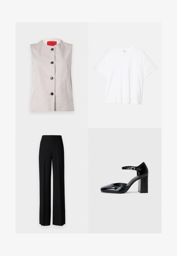 Grå ærmeløs vest med hvide striber, rund halsudskæring og fem sorte knapper foran; har en cremet indvendig foring.; Hvid bomulds-t-shirt med korte ærmer, rund halsudskæring, afslappet pasform og stitched søm. Mærket er synligt indeni halsen.; Sorte vide benbukser med en glat tekstur, der har en høj talje og centerfolder. Ingen synlige mønstre eller hardware detaljer.; Sorte patenterede læder højhælede sko med firkantet tå, ankelrem og en kraftig hæl. Inkluderer perforerede detaljer langs kanten.