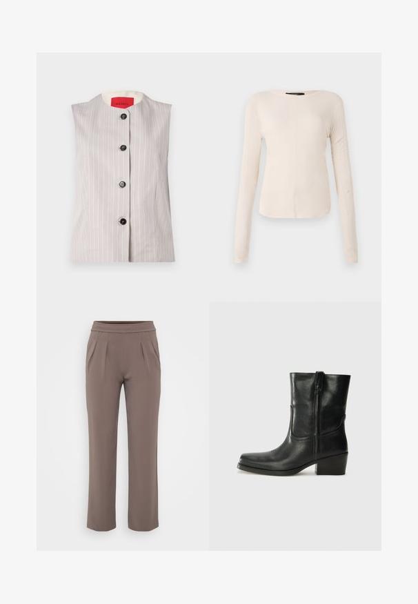 Sleeveless gray vest with white pinstripes, round neckline, and five front black buttons; features a cream inner lining.; Long-sleeve, light beige top with a round neckline. Made of soft fabric, features a central seam and slightly curved hem. No visible hardware.; Taupe loose-fit trousers with elastic waistband and front pleats, made from smooth fabric.; Black leather ankle boot with a rounded toe, block heel, side zipper, and stitching accents on the vamp. Smooth texture, classic design.