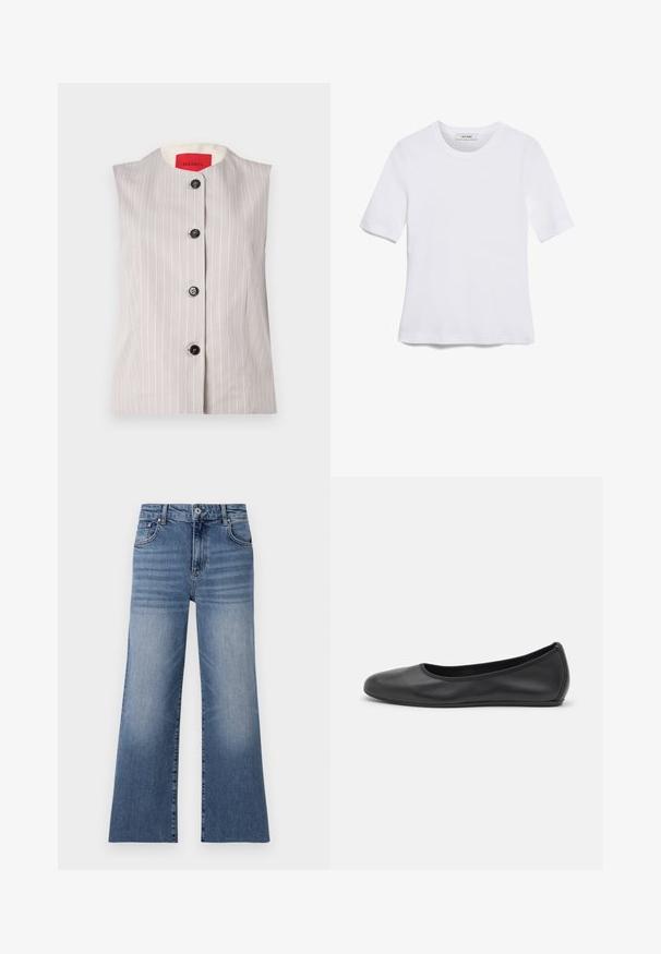 Bez rukávov šedý vest s bielymi pruhmi, okrúhlym výstrihom a piatimi prednými čiernymi gombíkmi; má krémovú podšívku.; Biela krátka tričko s krátkymi rukávmi vyrobené z rebrovanej látky. Klasický okrúhly výstrih, bežný strih a jemné švy. Bez vzorov alebo grafiky.; Svetlo modré riflové džínsy so širokými nohavicami a vysokým pásom, s prednými vreckami, zapínaním na gombík a vyblednutým vzorom na nohách.; Čierne kožené baleríny s okrúhlou špičkou, hladkým povrchom, minimálnym prešívaním a flexibilným dizajnom podrážky.