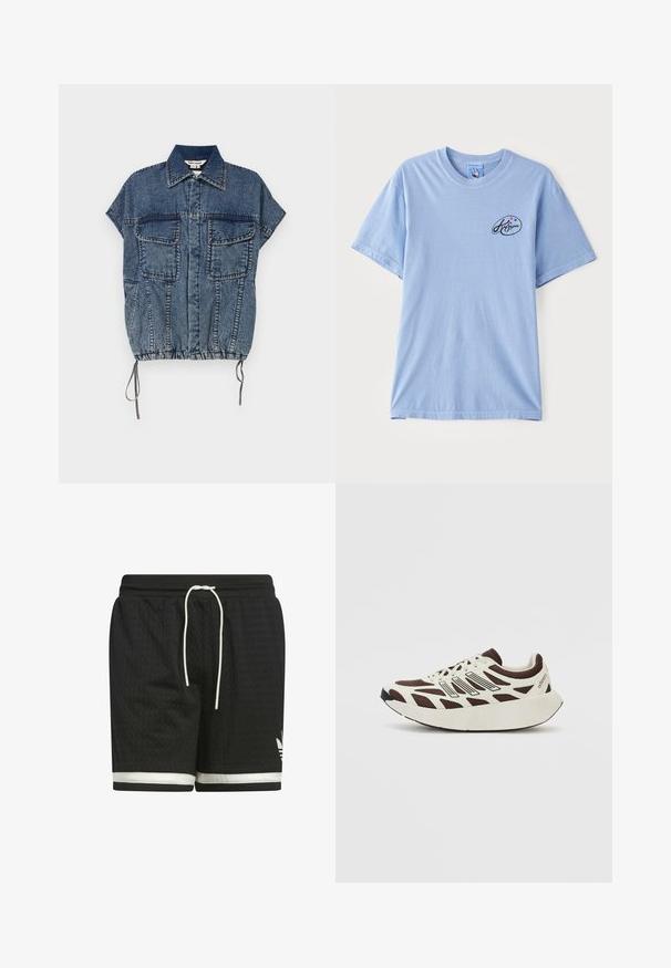 Zilā džinsu jaka ar īsām piedurknēm, divām priekšējām kabatām un regulējamu apakšējo daļu. Tumši zila krāsa ar kontrastējošām šuvēm. Ikdienas dizains.; Gaiši zils īsās piedurknes T-krekls, izgatavots no kokvilnas, ar nelielu melnu logotipu ar krāsainiem punktiem uz kreisā krūšu apgabala. Klasiska apaļā kakla dizains.; Melni sporta šorti, kas izgatavoti no teksturēta acu auduma. Iezīmēts ar baltu auklu un baltu svītru gar apakšmalu. Adidas logo baltā krāsā.; Brūni un krēmkrāsas sporta apavi ar sieta augšdaļu, teksturētām virskārtām un noapaļotu, biezām baltām zolēm. Iezīmes zema profila valkāšana un auklas.