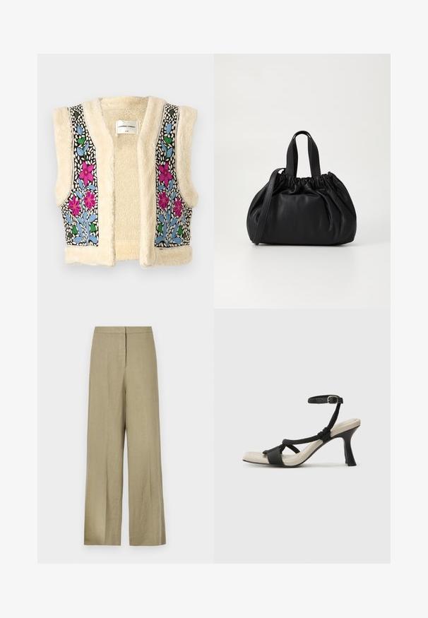 Fleece vest i krem med blomsterbroderi i rosa, blått og grønt på svart stoff. Har åpen front og teksturert finish.; Svart strikket kortermet genser med rund hals og ribbestrikket kant. Glatt tekstur med avslappet passform. Minimalistisk design.; Lys grønne, vide bukser laget av lin. Har høy midje og ren frontdesign med en enkelt folder.; Sorte helårs sandaler med flettet stroppesdesign, firkantet tå og justerbar ankelrem. Lys beige fotseng med glanset svart hæl.; Svart lærveske med en samlet toppdesign, som har to korte håndtak og en lang justerbar stropp. Glatt tekstur, rund form.