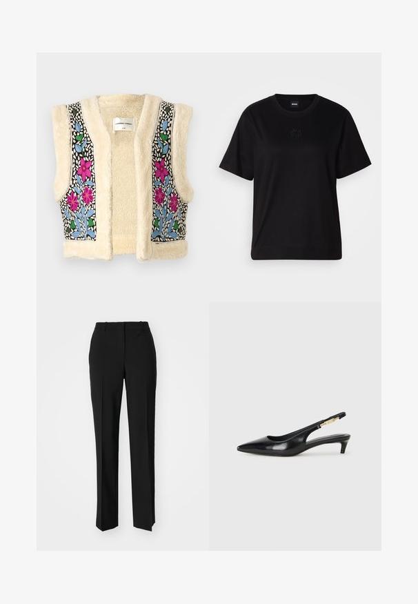 Krēms krāsas flīsa veste ar ziedu izšuvumiem rozā, zilā un zaļā krāsā uz melnas auduma. Iezīmēta ar atvērtu priekšpusi un teksturētu apdari.; Melna kokvilnas T-krekls ar apaļu izgriezumu, īsām piedurknēm un izšūtu logotipu uz krūtīm. Vienkāršs, brīvs piegriezums bez rakstiem.; Melnas pielāgotas bikses ar taisnu kāju dizainu, kas raksturojas ar gludu faktūru un asiem krokām pa priekšu. Nav redzamu metāla detaļu.; Melnas ādas slingback zābaki ar smailu purngalu, ar šauru papēdi un zelta krāsas akcentu uz regulējama siksniņas. Gluda tekstūra.
