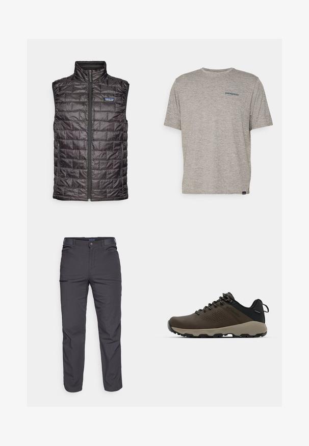Colete acolchoado preto com gola alta, costura contornada, fecho na frente com zíper e bolsos laterais. Apresenta o logótipo da Patagonia no peito.; Camiseta cinza de manga curta feita de um tecido suave e texturizado, com um pequeno logo azul da Patagonia no lado esquerdo do peito. Sem padrões adicionais.; Calças cinza-escuras feitas de um tecido durável, com um bolso com fecho éclair, corte reto e passantes para cinto para um ajuste ajustável.; Ténis impermeáveis castanhos com um upper texturizado, detalhes perfurados, apoio para o calcanhar preto e uma sola de borracha cinza. Os atacadores têm extremidades metálicas.